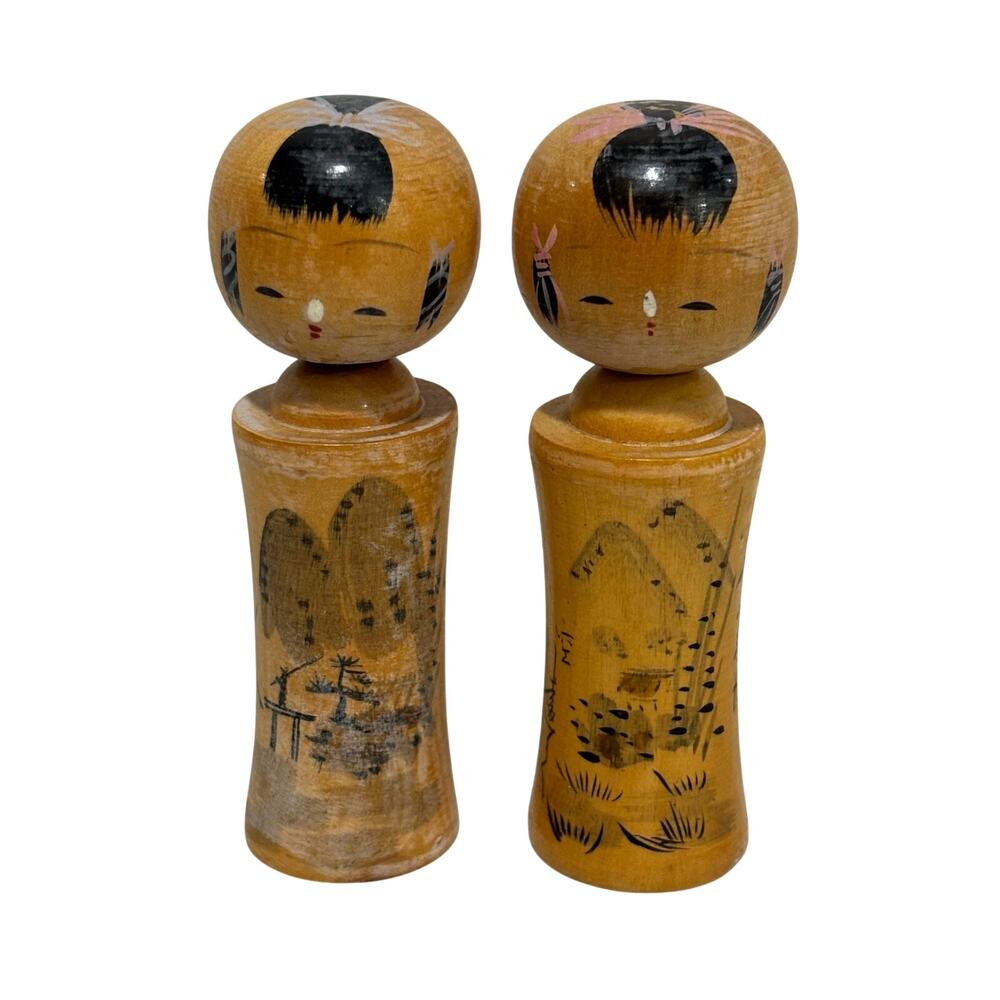 Vintage Kokeshi dolls boy & girl hand painted bobble head wood design 3.5" tall